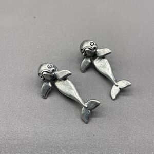 Vintage EARlusion Earrings 3D Pewter Dolphin Studs Silver Tone
